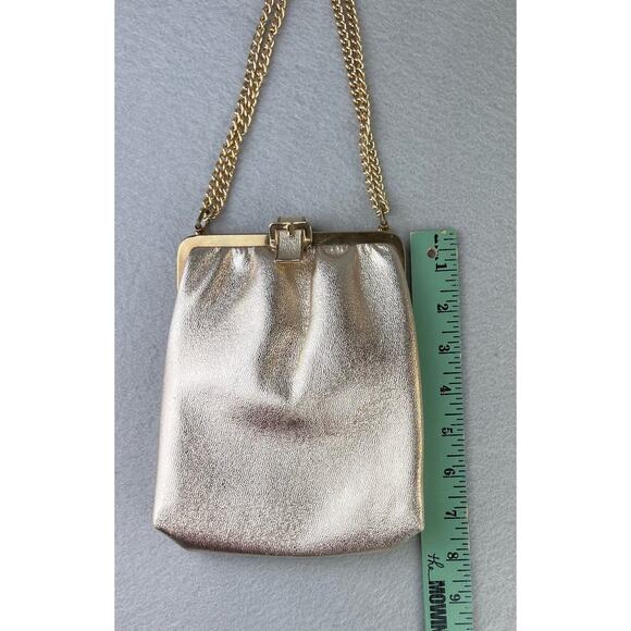 Vintage Shiny Gold Metallic Clutch Evening Bag Buckle Detail Gold Chain Strap - Picture 8 of 11